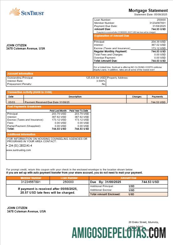 Extrato de hipoteca do USA Suntrust Bank em formatos Word e PDF exemplo